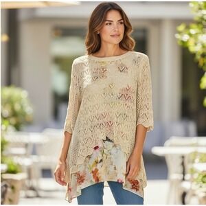 VTG CRISTINA Women Sweater Top S Beige Lace Floral Layered Tunic Fairy Whimsical